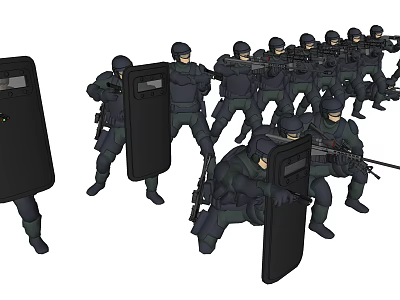 Men In Black Uniforms With Helmets Shields And Rifles In Tactical Formation 3d model