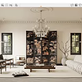 Elegant Living Room Featuring Chandelier Decorative Screen Cream Sofa And Black Framed Windows