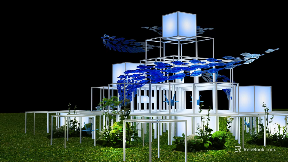 Illuminated White Cube Structures With Blue Leaf Decorations And Green Grass Plants 3d model