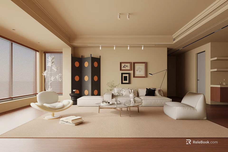 Modern Living Room With Beige Sofa White Armchair Wooden Floor Round Screen And Ceiling Window 3d model 
