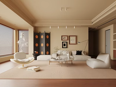 Modern Living Room With Beige Sofa White Armchair Wooden Floor Round Screen And Ceiling Window 3d model
