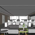 Modern Open Public Office Space With Workstations Computers Sofas And Green Plants 3d model