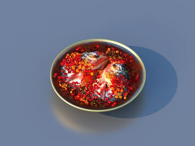 Spicy Fish Dish with Red Chili Peppers and Spices in Metal Bowl on Blue Background 3d model