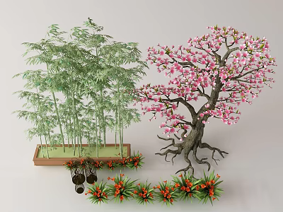 Ornamental Flowering Tree with Pink Blossoms Bamboo and Decorative Plants 3d model