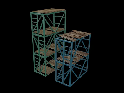 Two Metal Shelving Units with Green and Blue Frames and Wooden Shelves 3d model