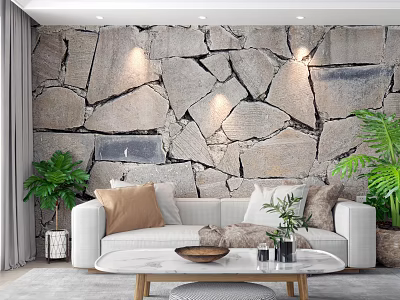 Cozy Living Room Sofa With Textured Stone Accent Wall And Plants 3d model