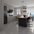 Modern Living Dining Area With TV Wall Shelves Marble Floor And Coffee Table Decorations