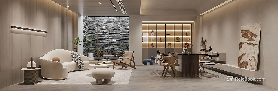 Modern Entertainment Room With Stone Wall Display Shelves Sofa And Indoor Plant 3d model 