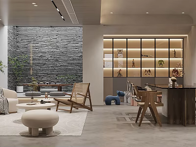 Modern Entertainment Room With Stone Wall Display Shelves Sofa And Indoor Plant 3d model