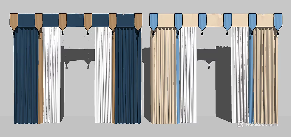 Elegant Blue and Beige Curtain Panels with Tassel Accents and Modern Design 3d model 