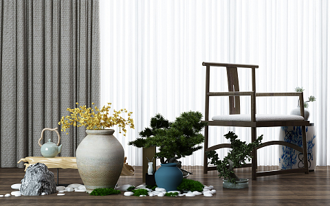 New Chinese-style armchair single chair potted plant decoration combination 3d model