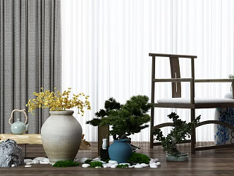 New Chinese-style armchair single chair potted plant decoration combination 3d model