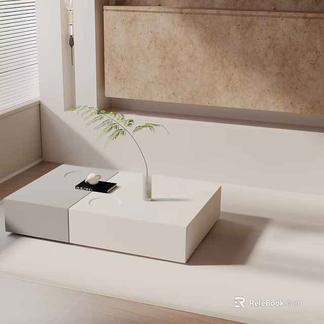 Modern Minimalist White Sofa Coffee Table Set With Small Potted Plant 3d model 