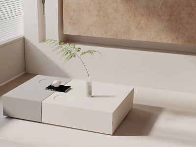 Modern Minimalist White Sofa Coffee Table Set With Small Potted Plant 3d model