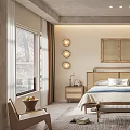 Minimalist Natural Bedroom Interior With Rattan Headboard Two Panel Paintings Nightstand Pendant Light And Rug