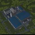 Large Industrial Factory With Blue Roof Chimney Green Trees And Roads