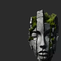 Artistic Wooden Stone Face Sculpture with Green Moss and Growing Plants