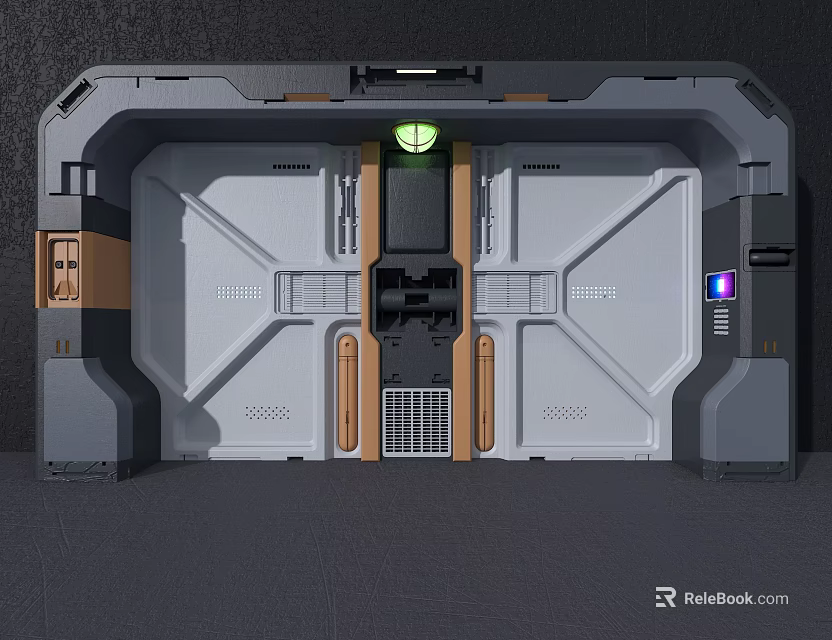 Futuristic Control Panel with Metallic Texture Green Blue Indicators and Grid Design Elements 3d model 