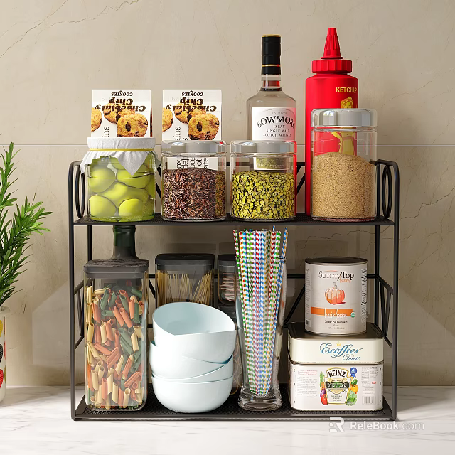 Organized Kitchen Storage Shelf With Cookies Grains Pasta Bowls Paper Cups And Cans 3d model 
