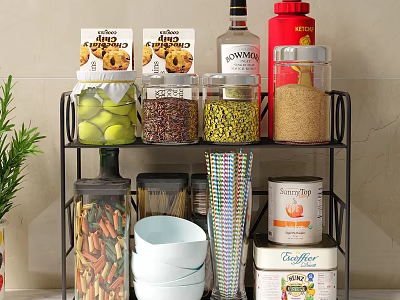 Organized Kitchen Storage Shelf With Cookies Grains Pasta Bowls Paper Cups And Cans 3d model