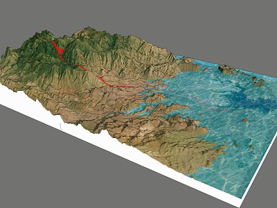 3D Garden Landscape Model With Mountain Terrain Blue Water And Red Pathway 3d model