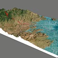 3D Garden Landscape Model With Mountain Terrain Blue Water And Red Pathway