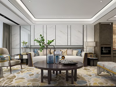 Elegant New Chinese Style Living Room With Marble Accent Wall Comfortable Sofa And Coffee Table 3d model