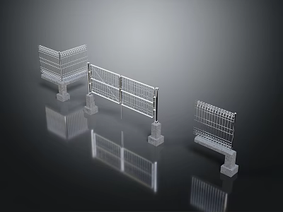 Modern Metal Mesh Fence Models with Support Posts and Concrete Base Structures 3d model