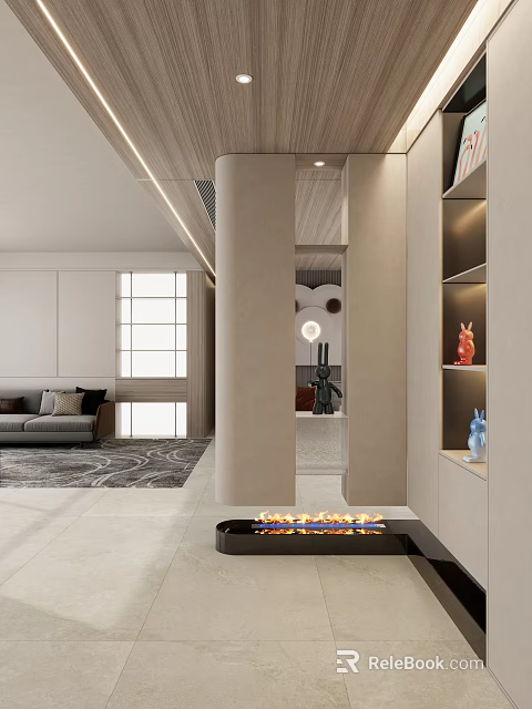Modern Entryway Hallway Interior With Pillars Warm Lighting And Decorations Connecting Living Room 3d model 