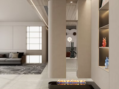 Modern Entryway Hallway Interior With Pillars Warm Lighting And Decorations Connecting Living Room 3d model