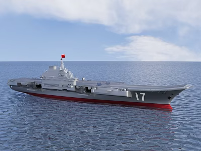 Aircraft Carrier Military Weapon On Vast Ocean With Red Flag And Number 17 3d model
