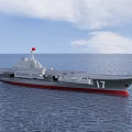 Aircraft Carrier Military Weapon On Vast Ocean With Red Flag And Number 17