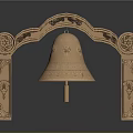 Brass Colored Arched Gate With Hanging Bell Carved Intricate Decorations And Shiny Reflections