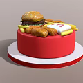 Delicious Juicy Burger With Golden Crispy Fries And Tasty Chicken Nuggets In Red Round Container