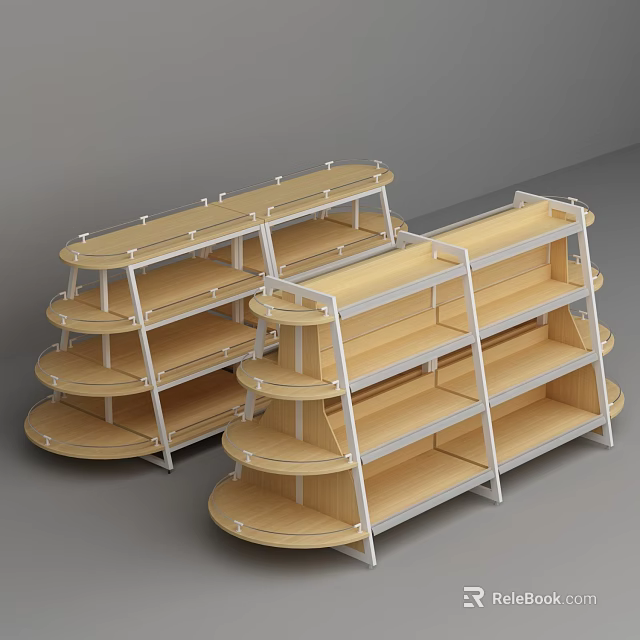 Convenience Store Multi Tiered Display Shelves With Wooden Layers And Metal Frames 3d model 