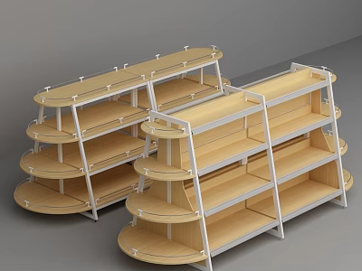 Convenience Store Multi Tiered Display Shelves With Wooden Layers And Metal Frames 3d model