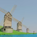 Row of Traditional Wooden Windmills With Large Rotating Blades Stone Bases and Green Hillside