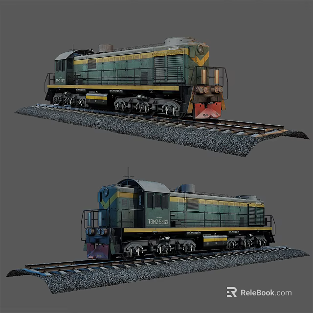 Green And Yellow Vintage Diesel Train On Railway Tracks With Gravel 3d model 