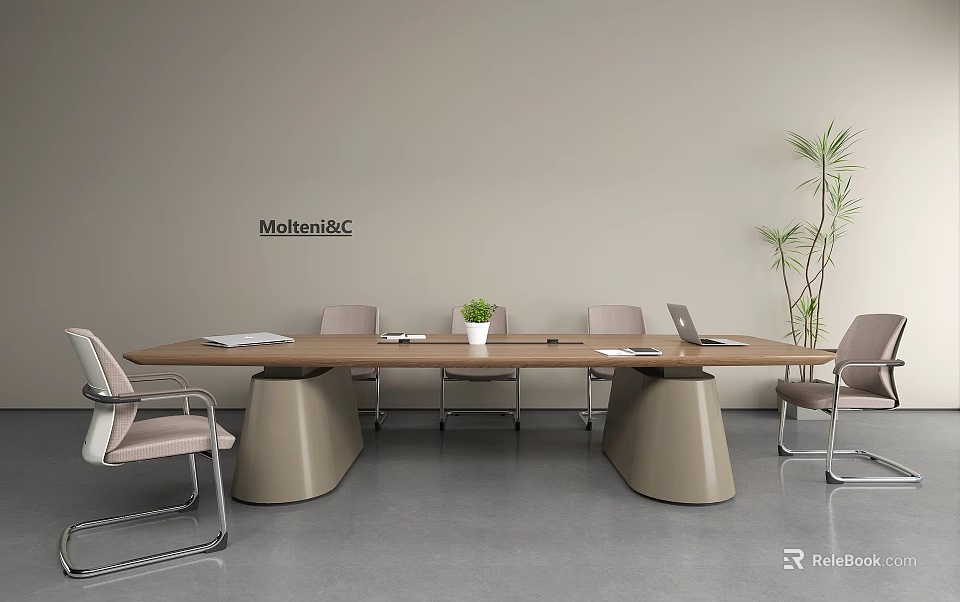 MolteniC Modern Conference Table Featuring Wooden Top Geometric Legs And Surrounding Chairs 3d model 