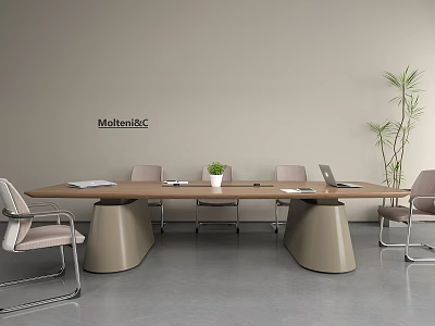 MolteniC Modern Conference Table Featuring Wooden Top Geometric Legs And Surrounding Chairs 3d model