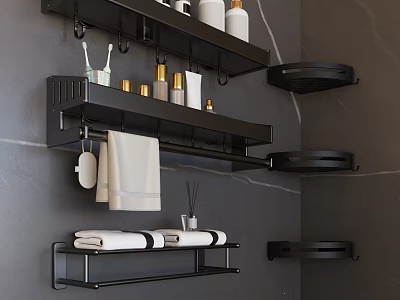 Modern Bathroom Set With Black Metal Wall Mounted Shelves And Towel Racks 3d model