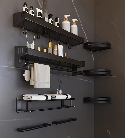 Modern Bathroom Set With Black Metal Wall Mounted Shelves And Towel Racks 3d model