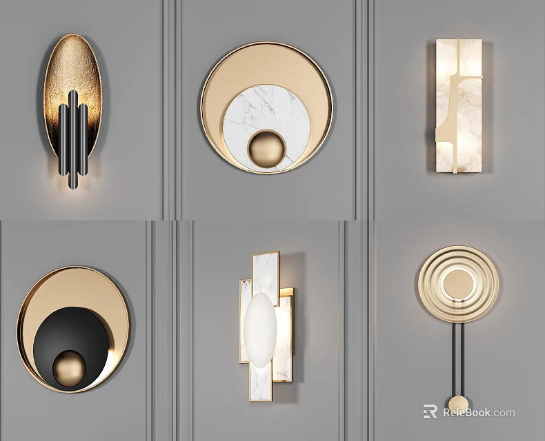 Modern Wall Lamps With Various Stylish Shapes And Gold Marble Metal Accents 3d model 