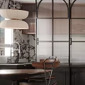 Warm Retro Open Plan Living And Dining Room Interior With Black Leather Sofas And Bookshelves