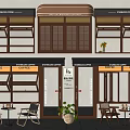 Café Exterior With Wooden Casement Windows Outdoor Seating And Potted Plants
