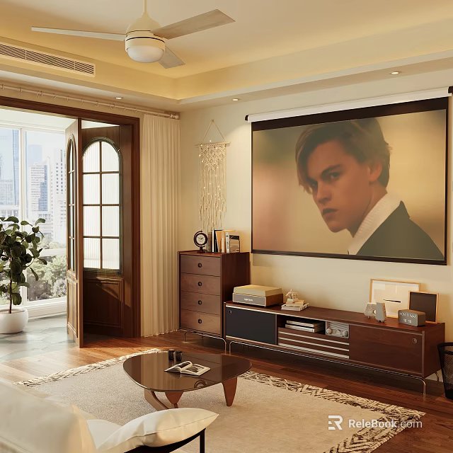 Bright Living Room With Large Projector Screen City View Wooden TV Cabinet And Plant 3d model 