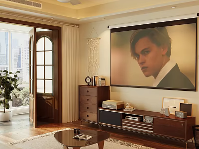 Bright Living Room With Large Projector Screen City View Wooden TV Cabinet And Plant 3d model