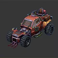 Futuristic Armored Off Road Vehicle With Large Tires Red Orange Paint Turret And Yellow Lights