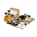 Assorted Sushi Platter with Different Maki Rolls Bamboo Container Soy Sauce Bottles and Chopsticks