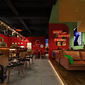 Modern Restaurant Interior With Red Green Decor Bar Stools Dining Tables And Pendant Lights